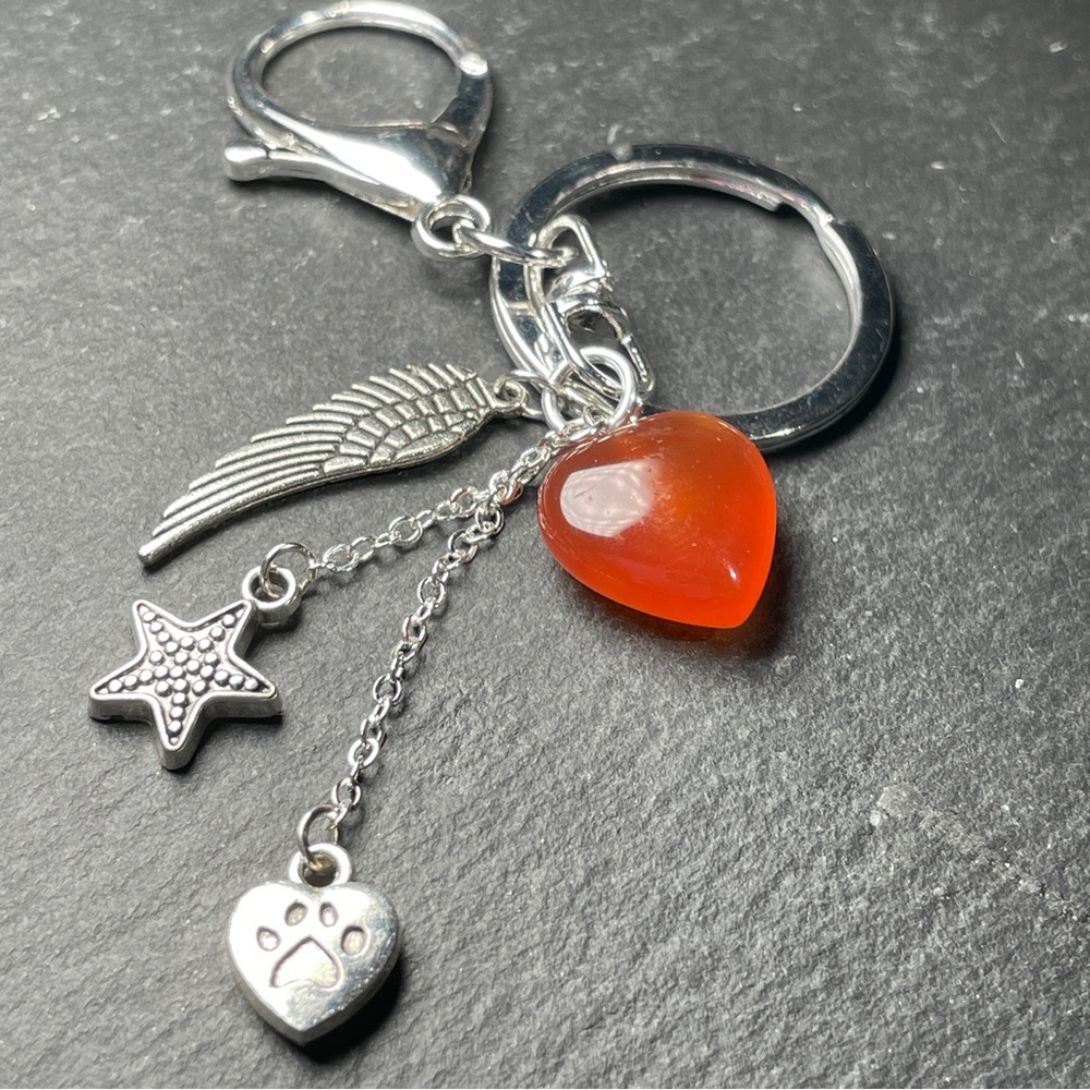 Carnelian Heart Keychain With Angel’s Wing Charm - Picture 2 of 12